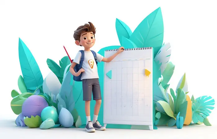 Happy Boy Checking Holiday on a Calendar to Travel Funny 3D Cartoon Illustration